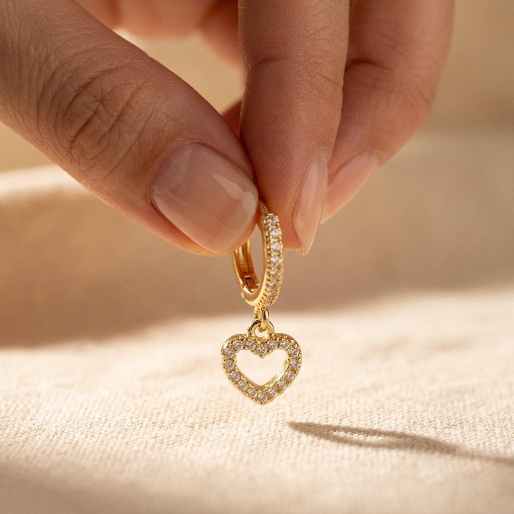 Gold-Tone Pavé Huggie Hoops with Open Heart Charms