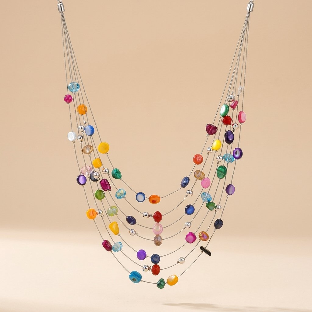 Silver-Tone Multi-Strand Floating Colour Bead Necklace
