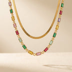 Gold-Tone Layered Necklace with Rectangular Colour Stones