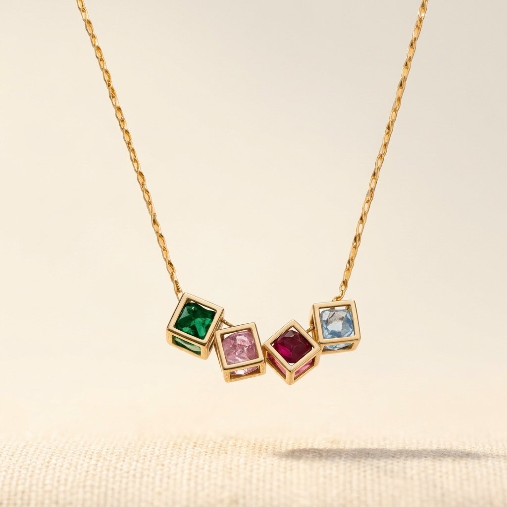 Gold-Tone Four Square Colour Stone Pendant Necklace