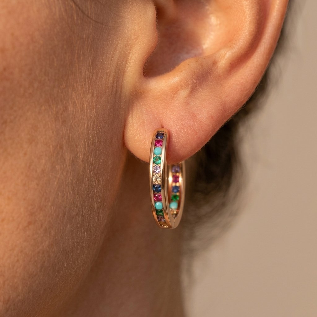 Rainbow Baguette Stone Hoops in Gold-Tone