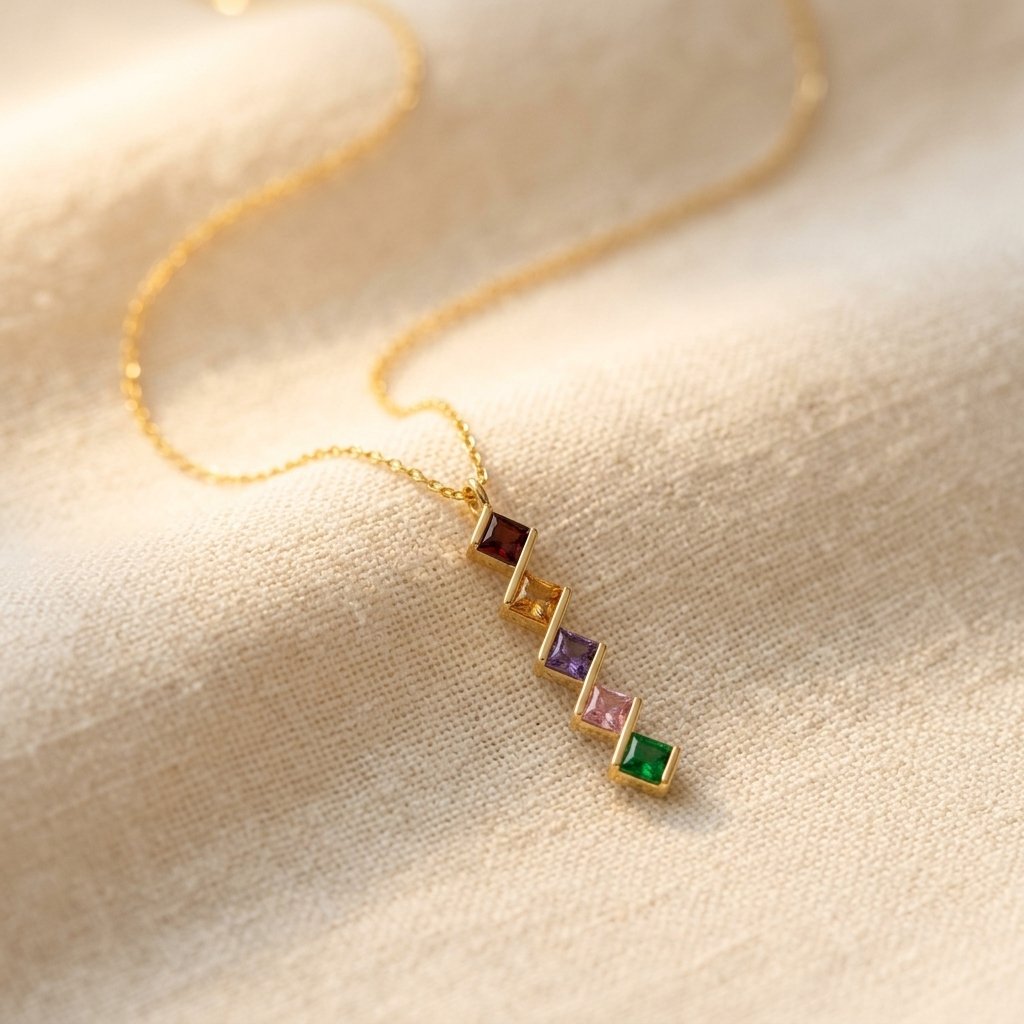 Gold-Tone Zigzag Bar Pendant with Square Colour Stones