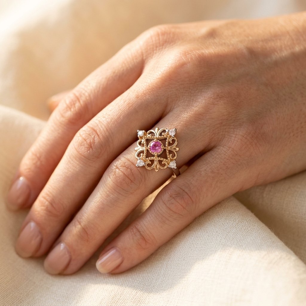 Two-Tone Filigree Ring with Pink Centre Stone