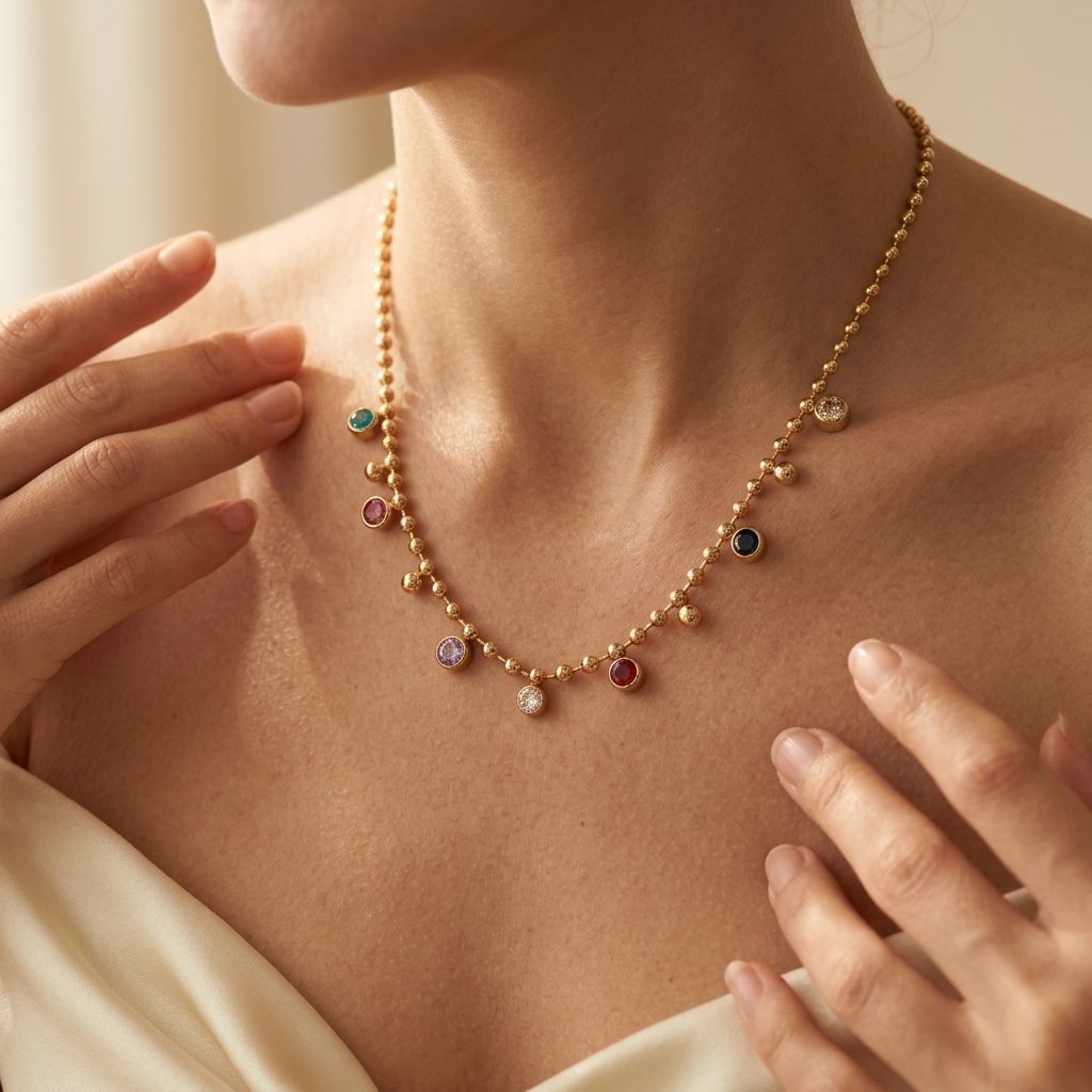 Gold-Tone Ball Chain Necklace with Round Color Stones