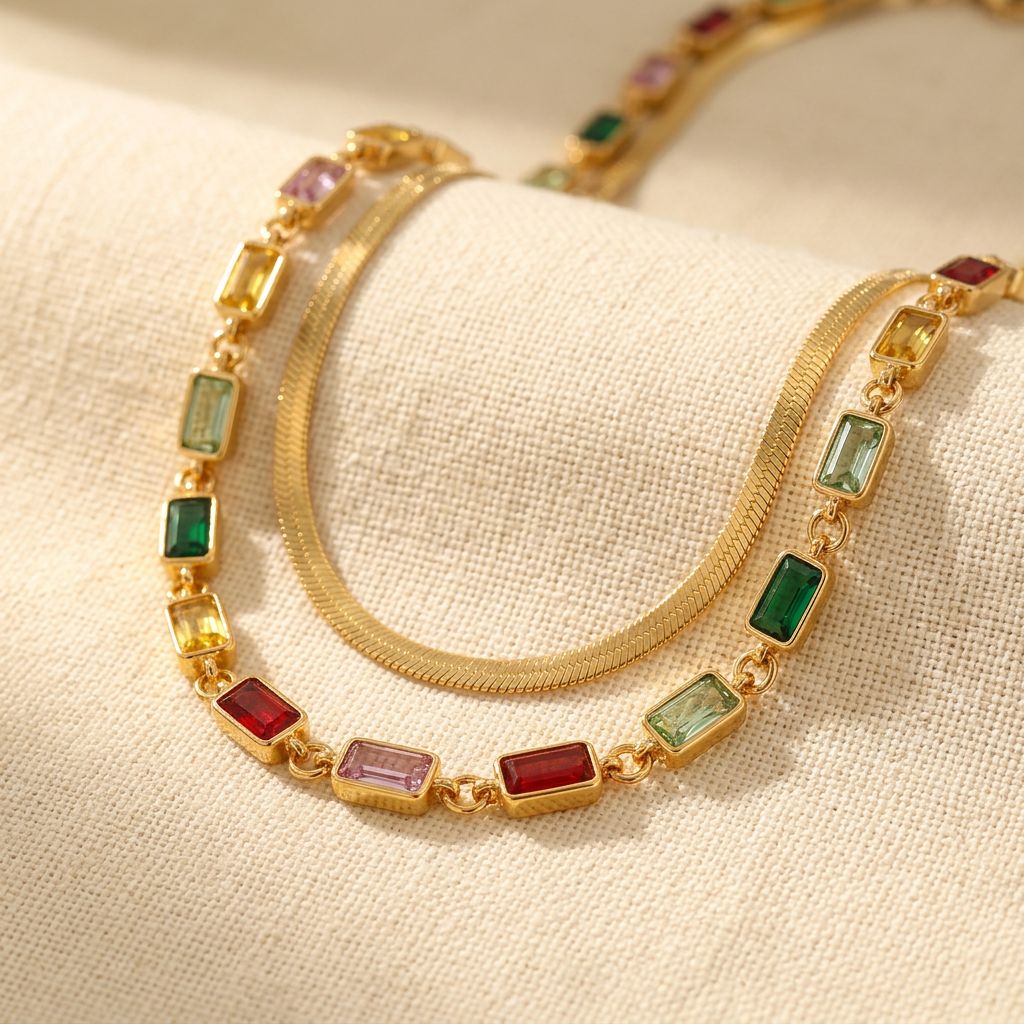 Gold-Tone Layered Necklace with Rectangular Colour Stones
