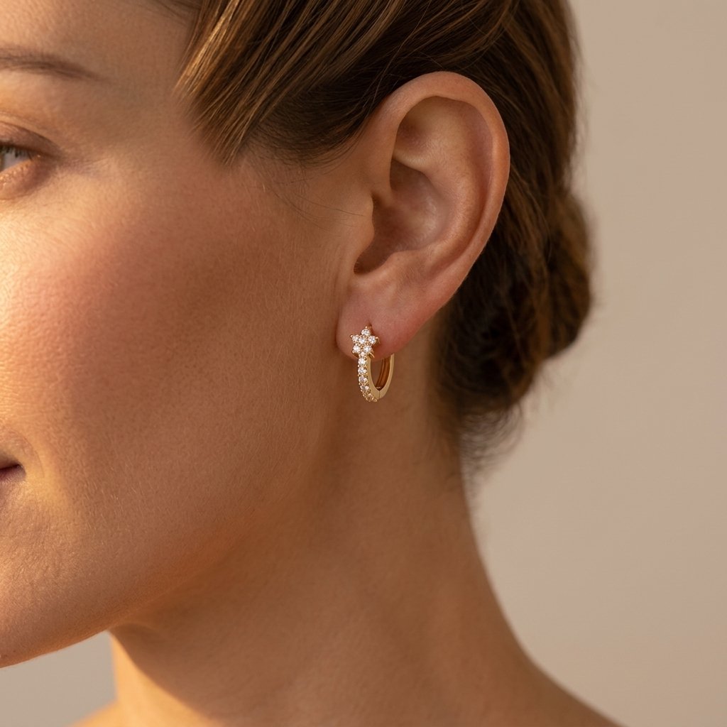 Gold-Tone Flower Charm Huggie Hoops with Clear Stones
