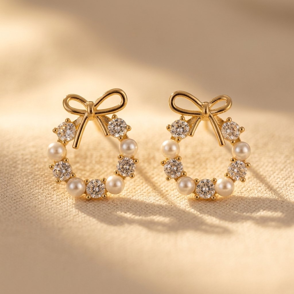 Bow Wreath Earrings with Pearls and Clear Stones