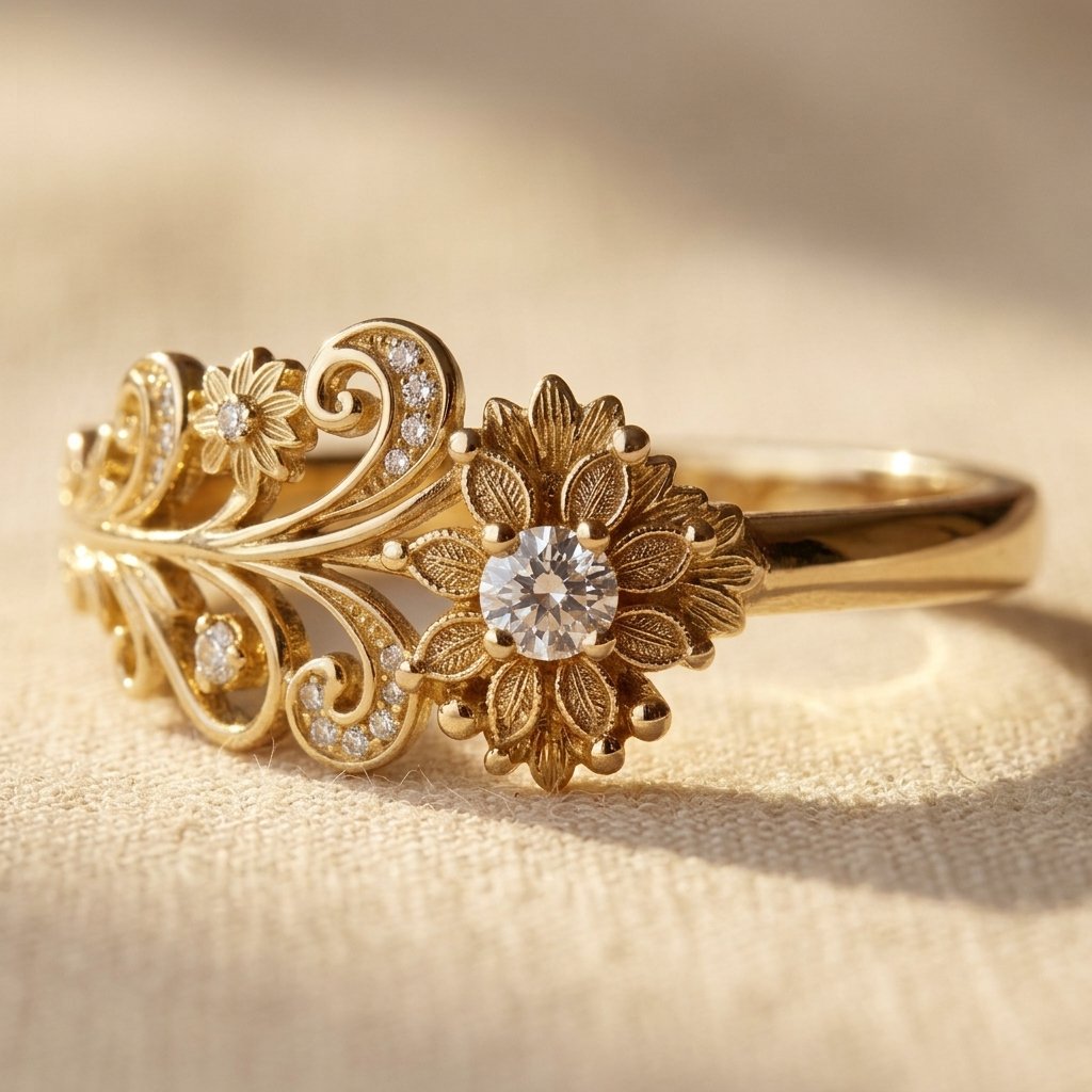 Gold-Tone Floral Filigree Cocktail Ring with Clear Stones