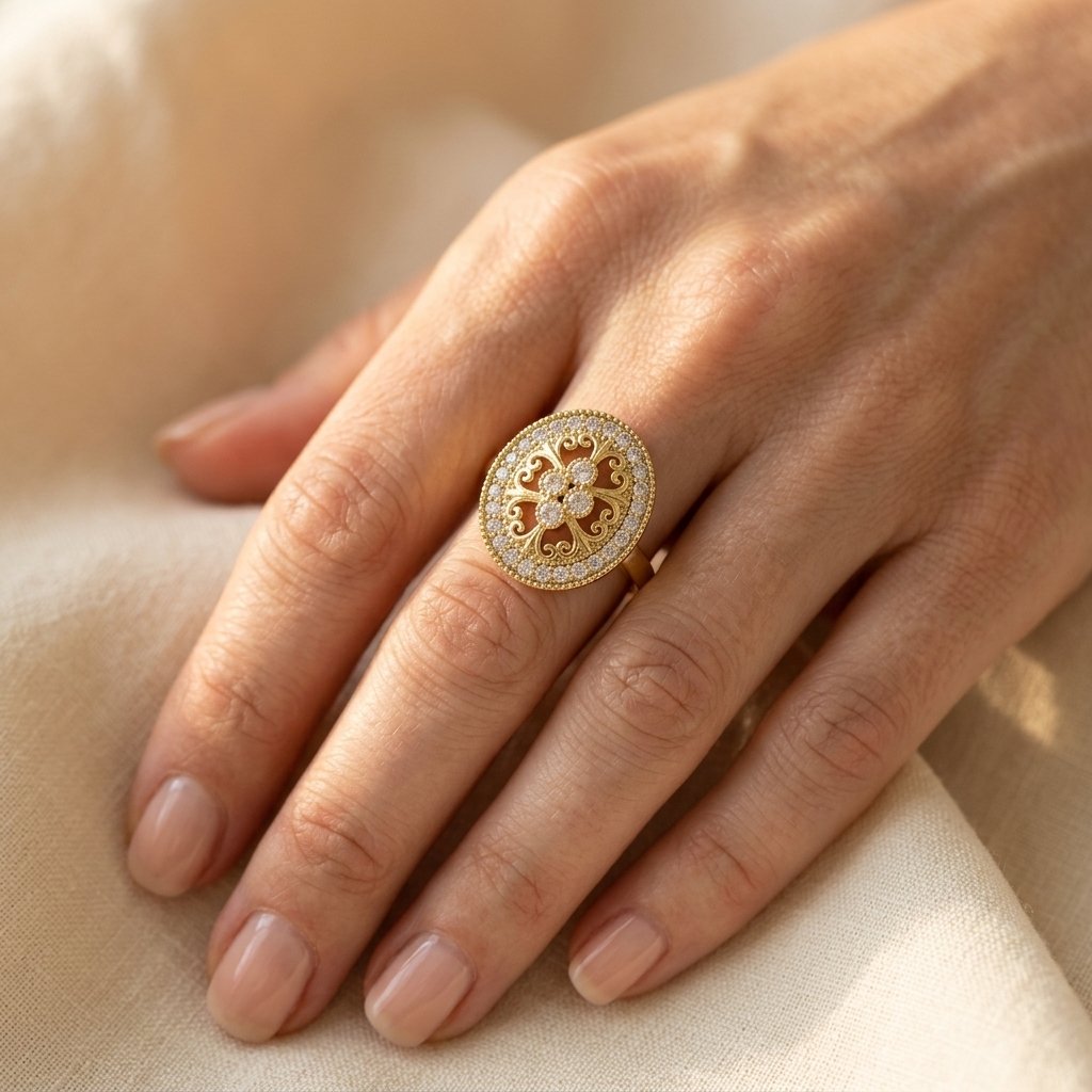 Gold-Tone Oval Filigree Halo Cocktail Ring