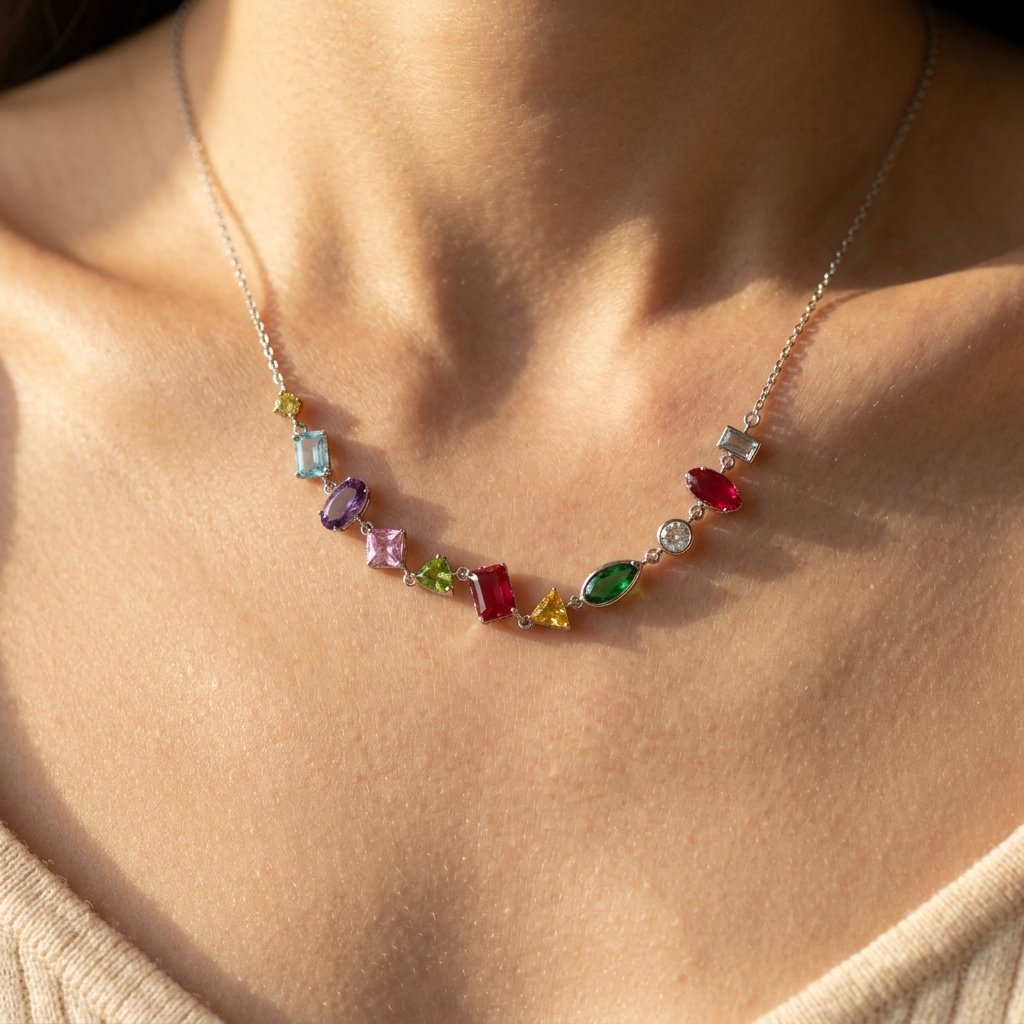 Silver-Tone Rainbow Mixed-Shape Stone Arc Necklace