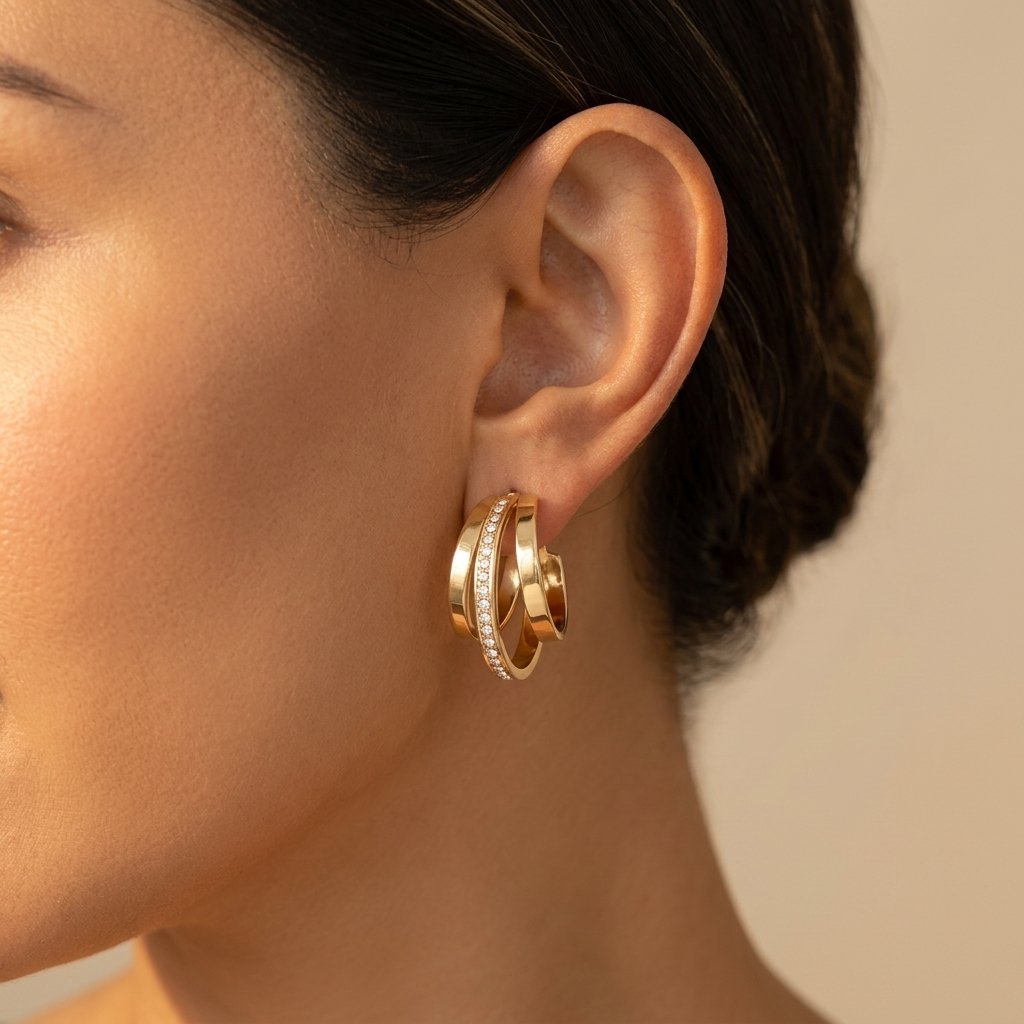 Gold-Tone Triple Hoop Earrings with Centre Pavé Band