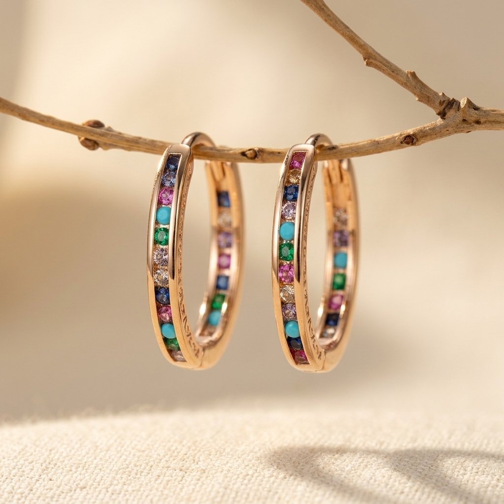 Rainbow Baguette Stone Hoops in Gold-Tone