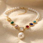 Gold-Tone Pearl Strand Necklace with Colour Stone Drop
