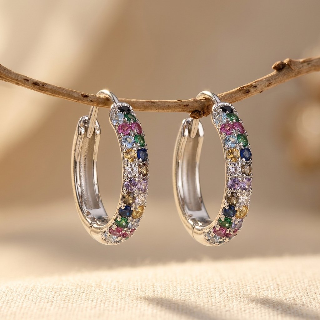 Silver-Tone Rainbow Pavé Huggie Hoop Earrings