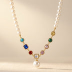 Gold-Tone Pearl Strand Necklace with Colour Stone Drop