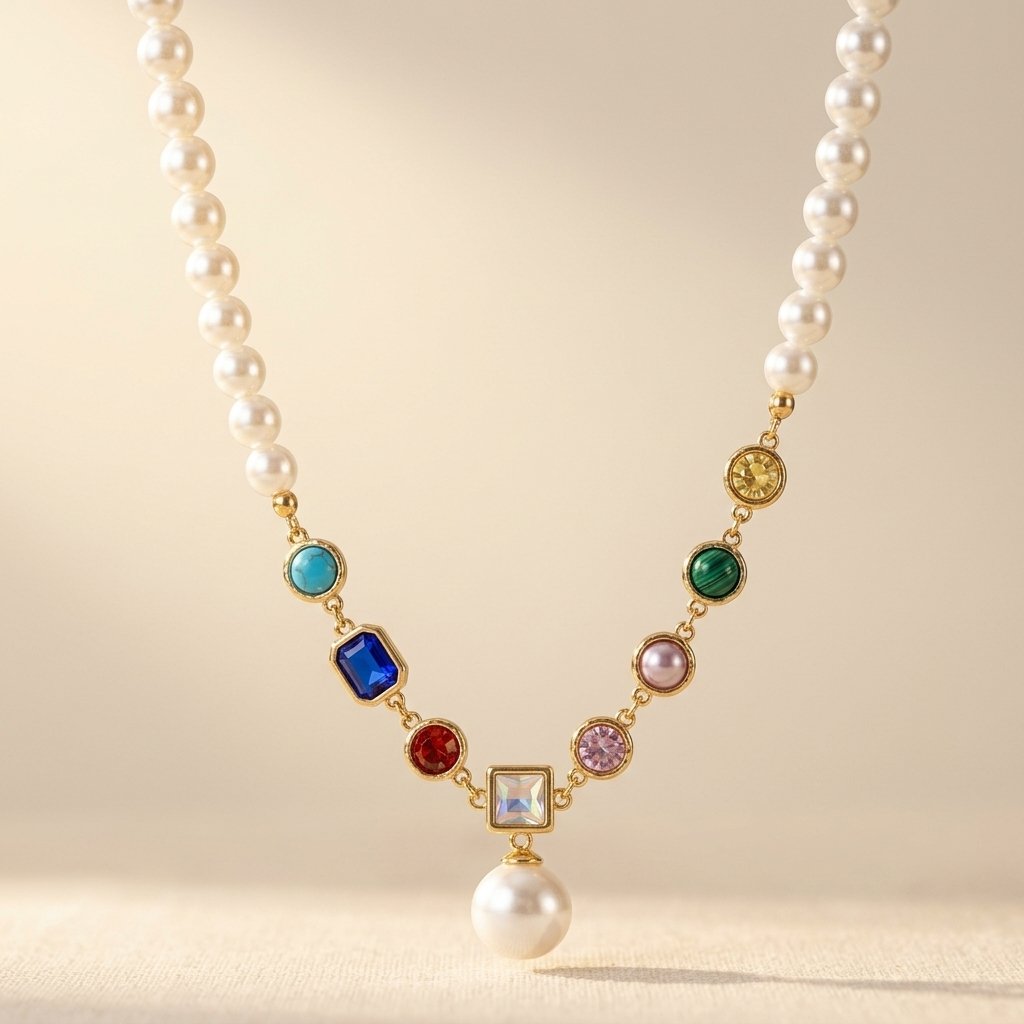 Gold-Tone Pearl Strand Necklace with Colour Stone Drop