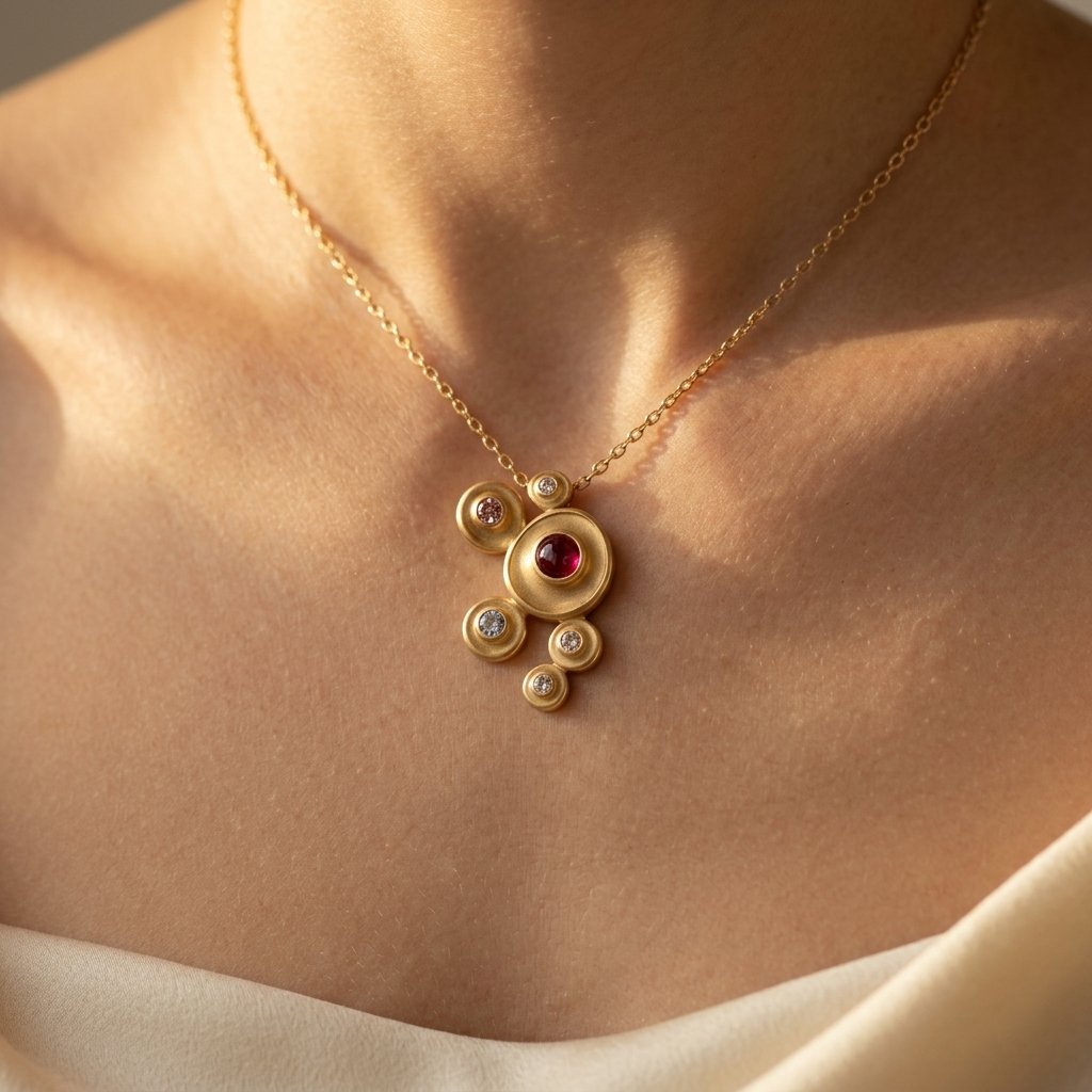 Gold-Tone Cluster Pendant Necklace with Red and Clear Stones