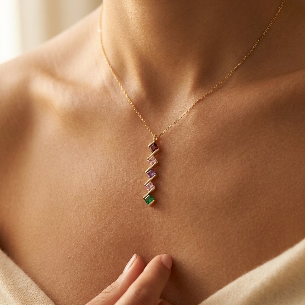 Gold-Tone Zigzag Bar Pendant with Square Colour Stones
