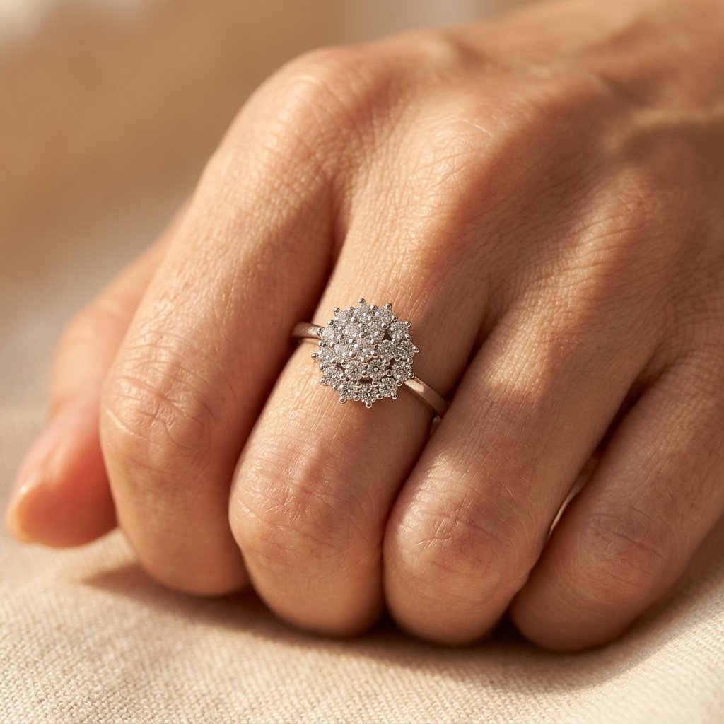 Silver-Tone Sunburst Halo Cluster Ring with Clear Stones