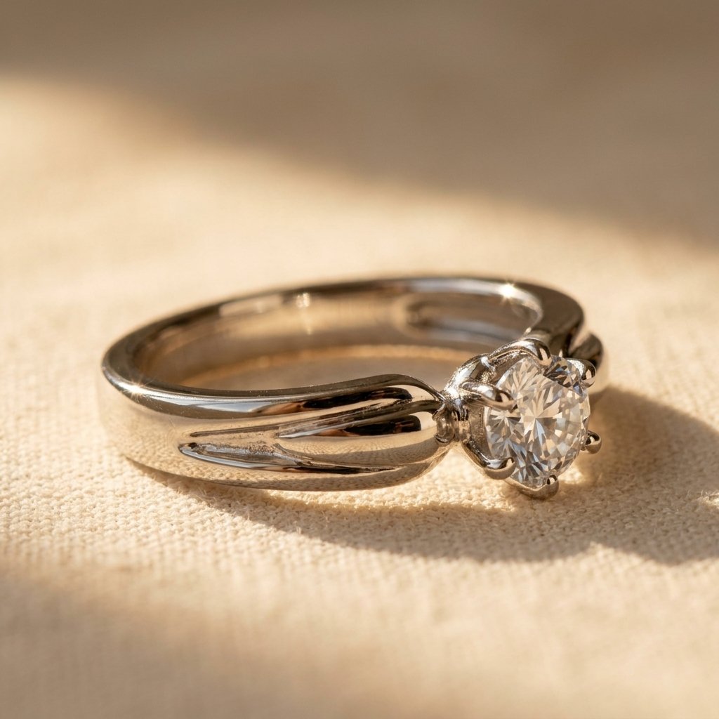 Silver-Tone Classic Round Solitaire Stone Ring