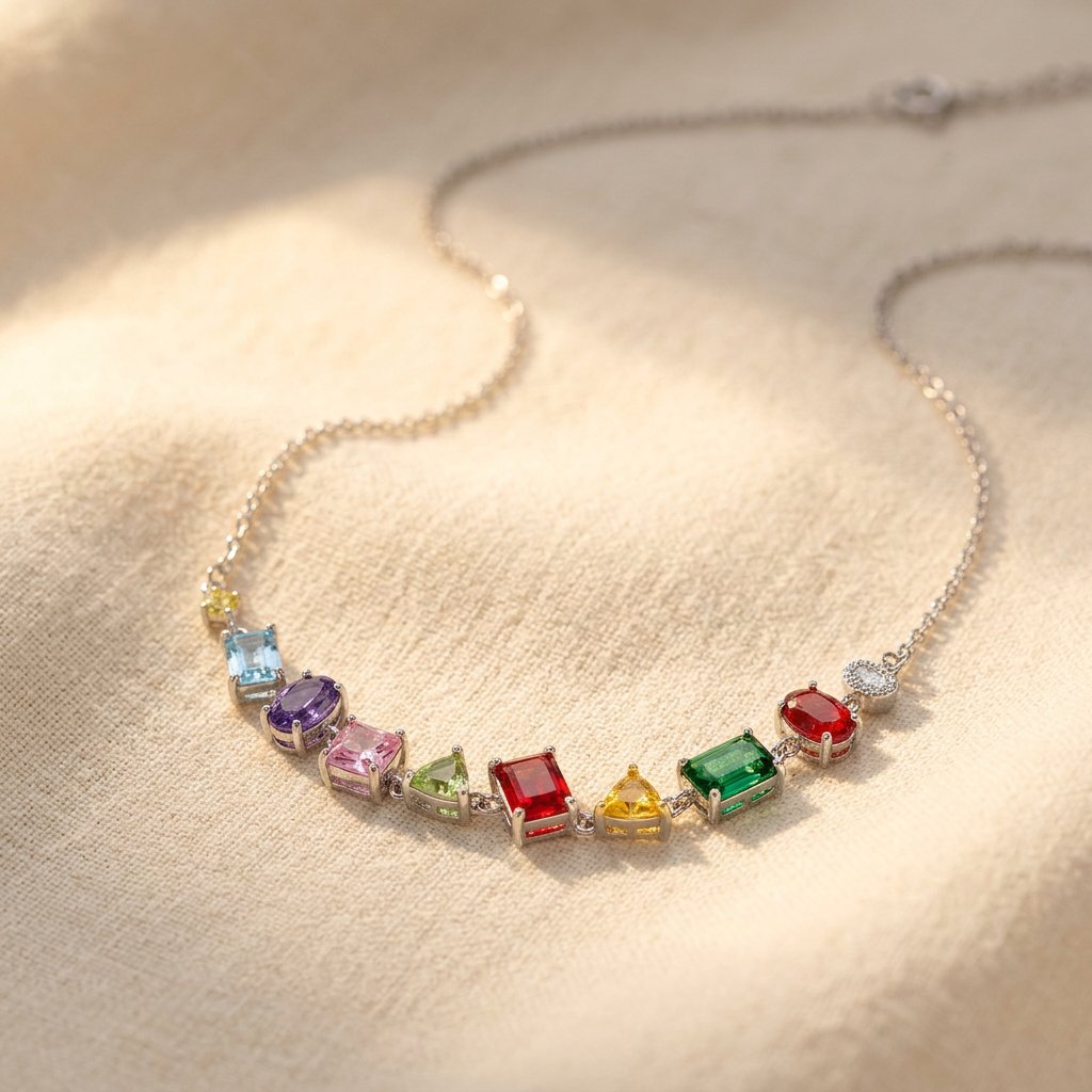 Silver-Tone Rainbow Mixed-Shape Stone Arc Necklace