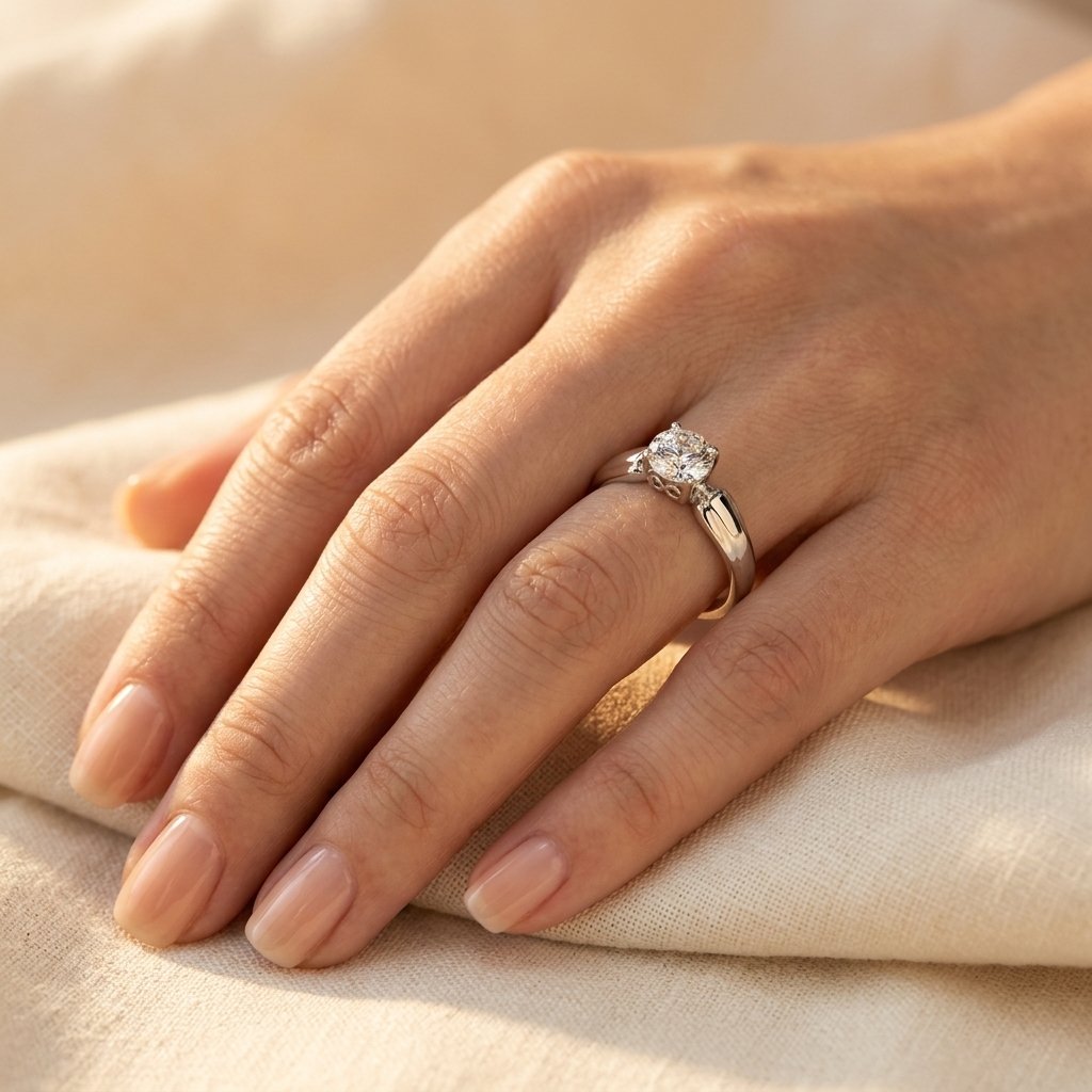Silver-Tone Classic Round Solitaire Stone Ring