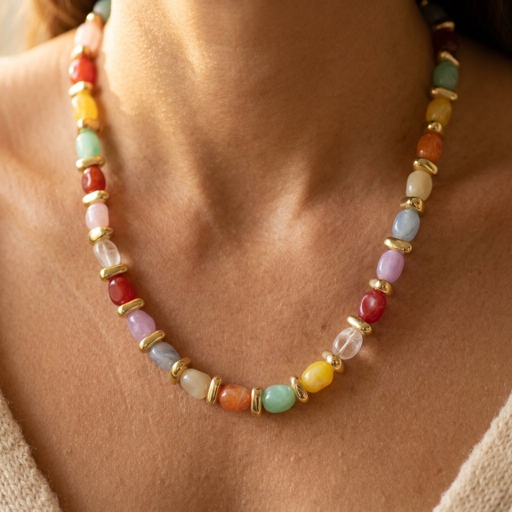Gold-Tone Pebble Bead Necklace with Mixed Colour Stones