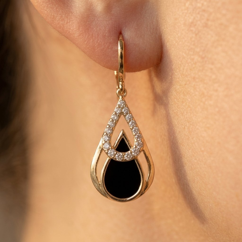 Gold-Tone Black Teardrop Earrings with Clear Stone Halo
