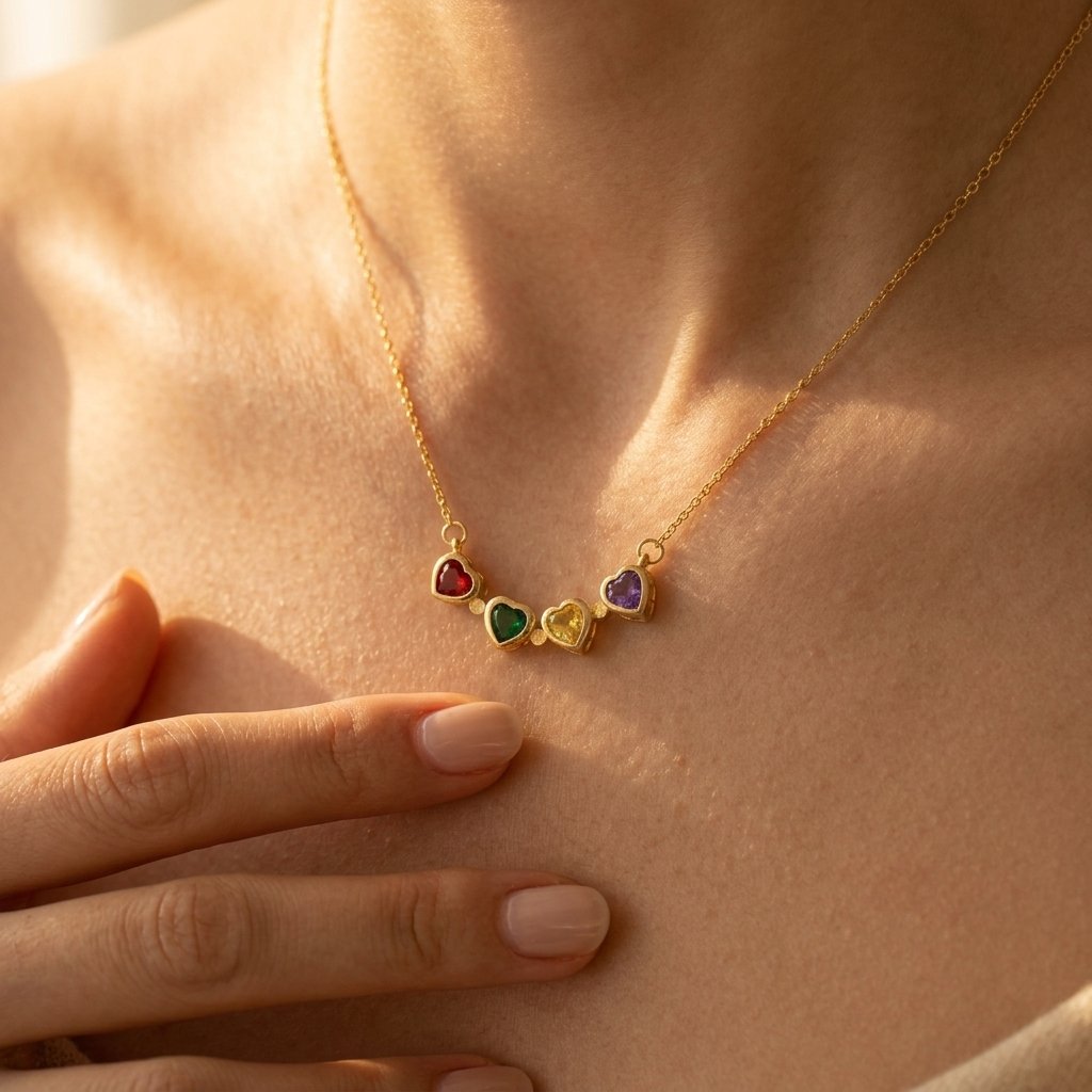 Four-Heart Rainbow Stone Necklace in Gold-Tone