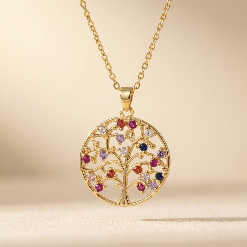 Gold-Tone Tree of Life Pendant with Rainbow Stones