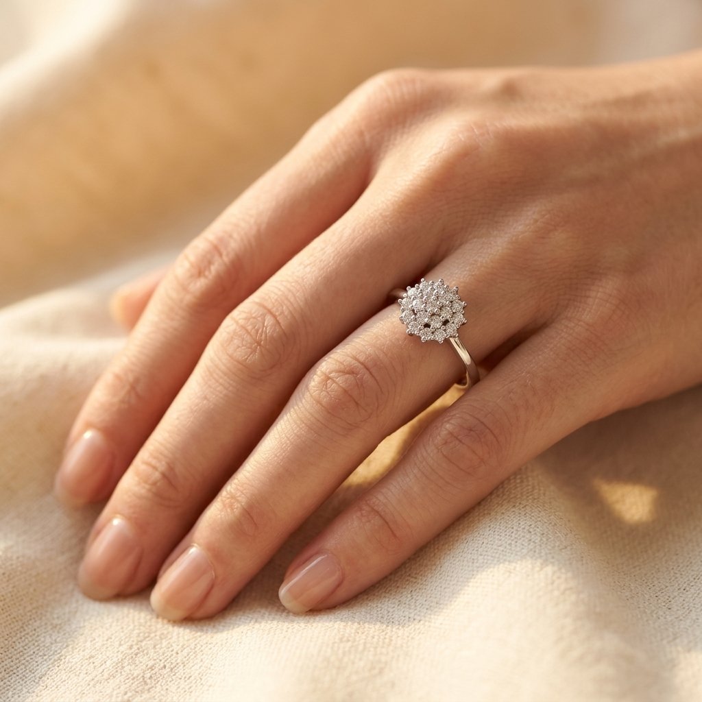 Silver-Tone Sunburst Halo Cluster Ring with Clear Stones