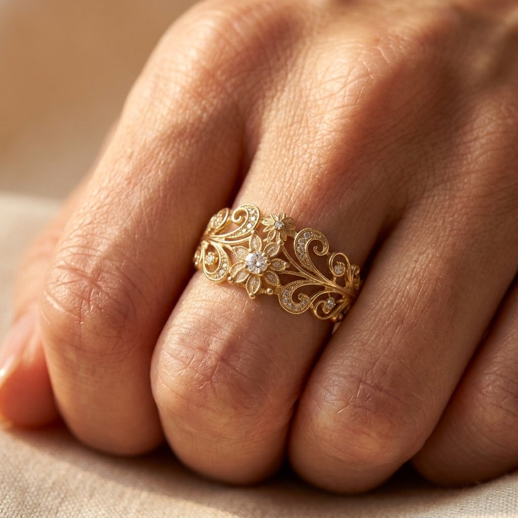 Gold-Tone Floral Filigree Cocktail Ring with Clear Stones
