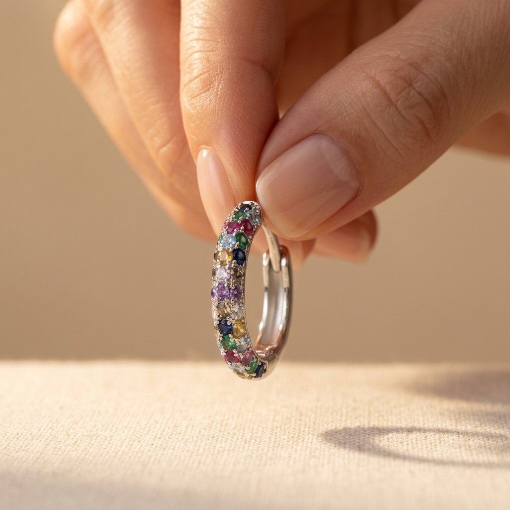 Silver-Tone Rainbow Pavé Huggie Hoop Earrings