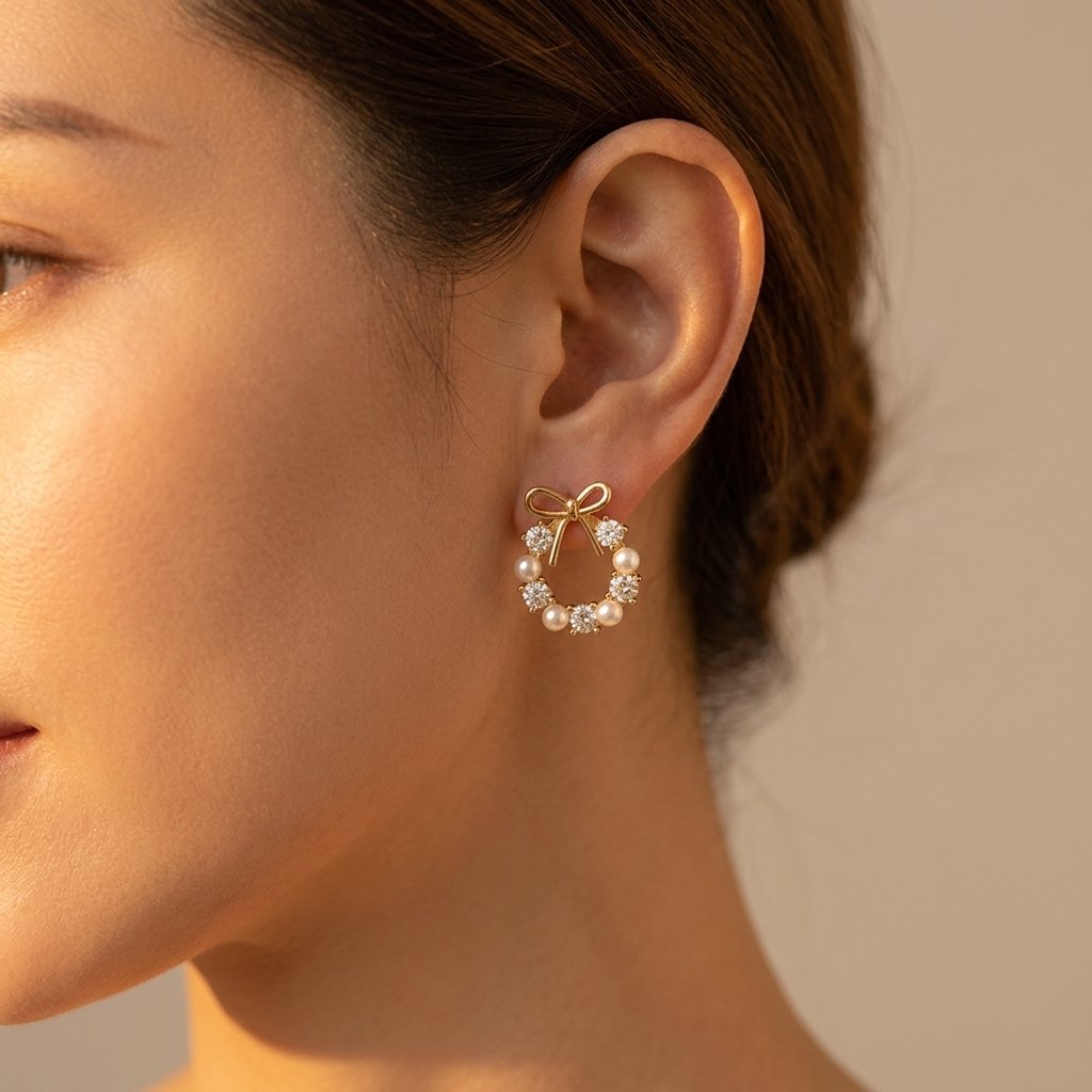 Bow Wreath Earrings with Pearls and Clear Stones