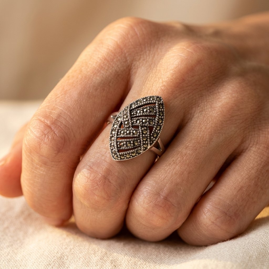 Art Deco Marquise Shield Ring with Pavé Dark Stones