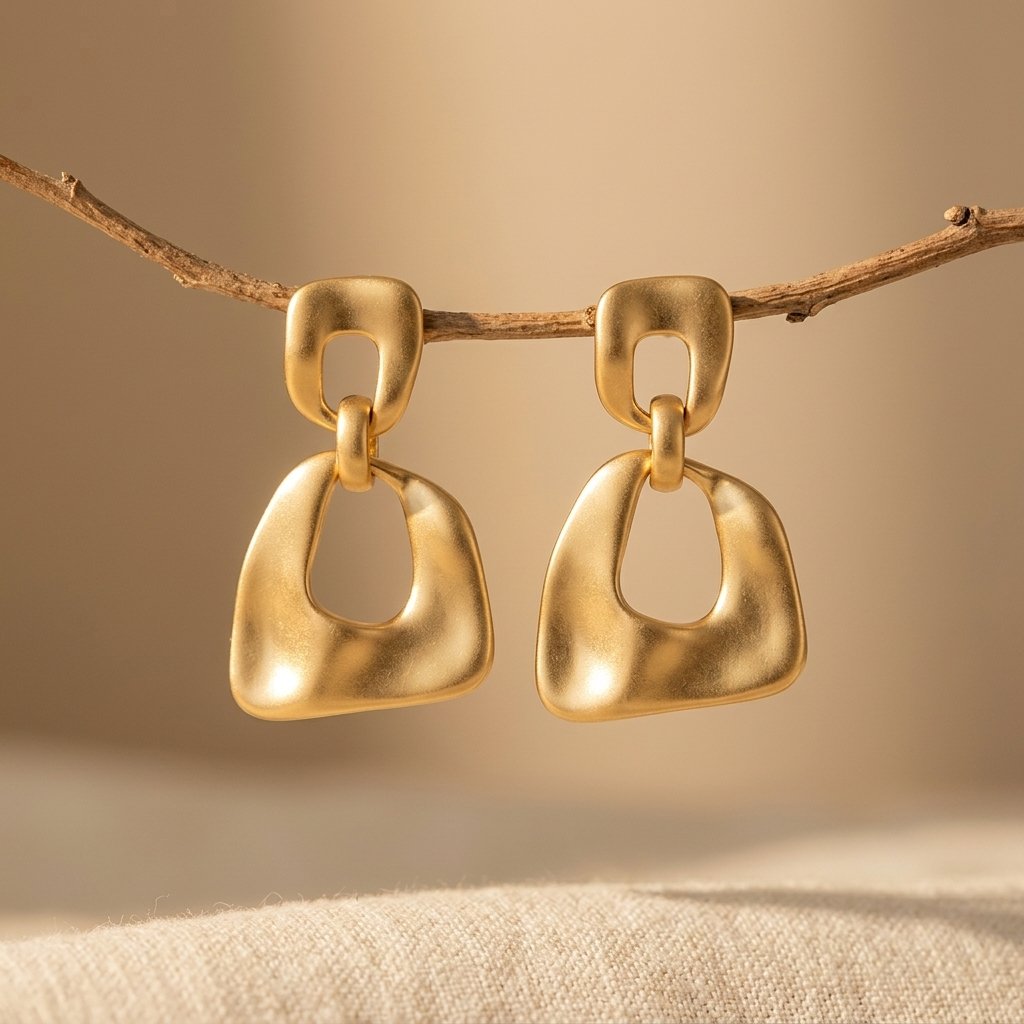 Brushed Gold-Tone Organic Square Drop Earrings