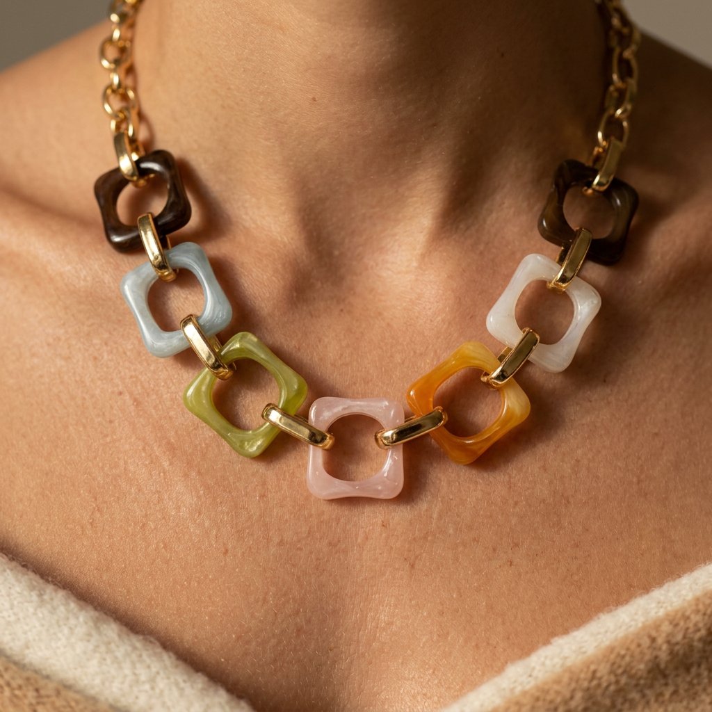 Gold-Tone Necklace with Translucent Square Colour Links