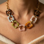 Gold-Tone Necklace with Translucent Square Colour Links