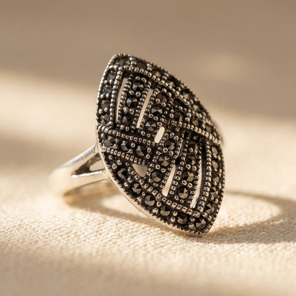 Art Deco Marquise Shield Ring with Pavé Dark Stones