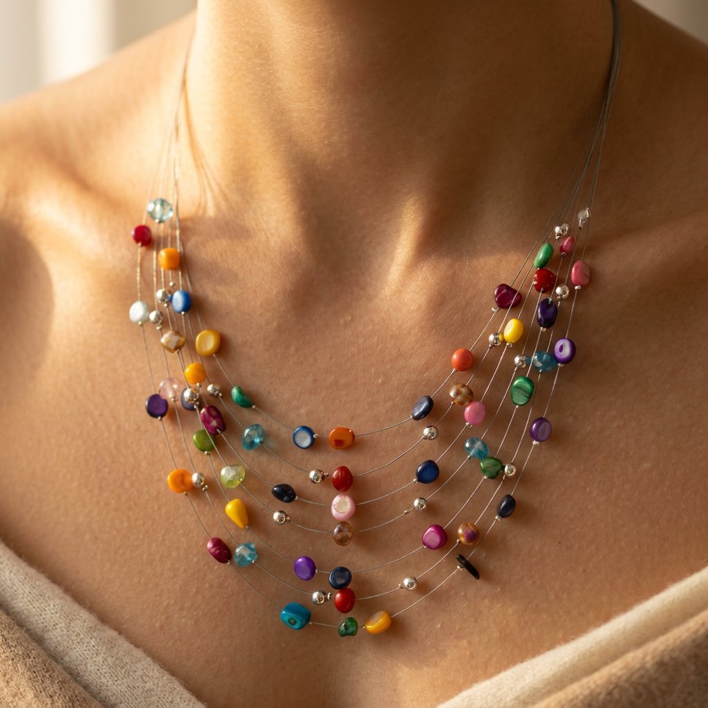 Silver-Tone Multi-Strand Floating Colour Bead Necklace