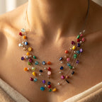 Silver-Tone Multi-Strand Floating Colour Bead Necklace