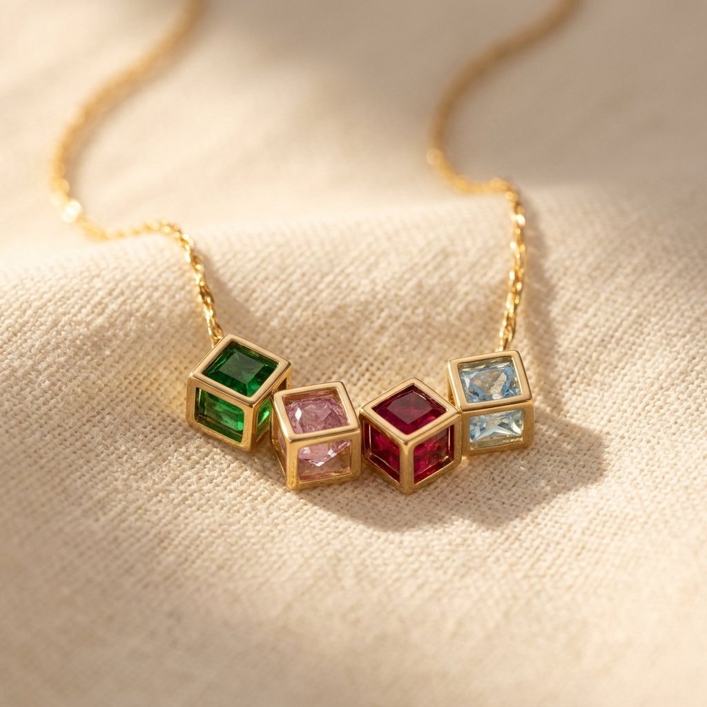 Gold-Tone Four Square Colour Stone Pendant Necklace