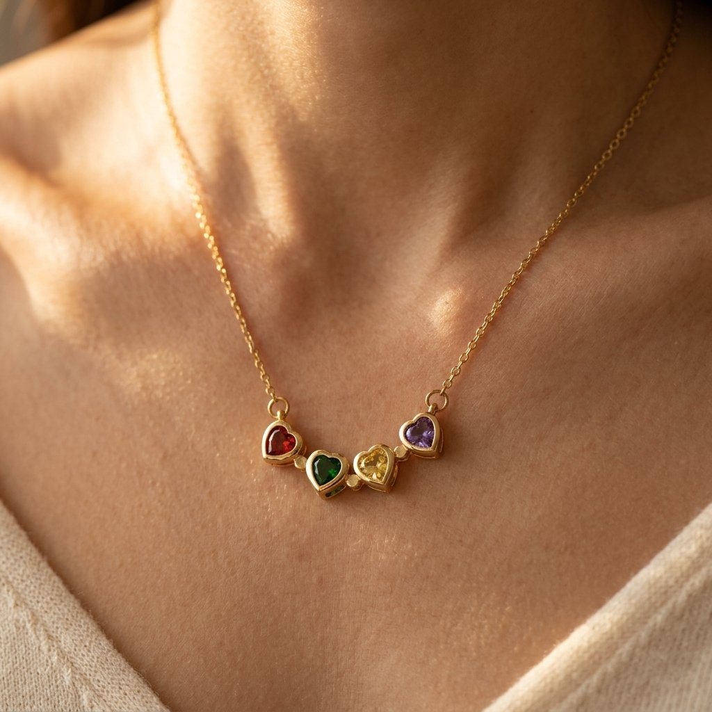 Four-Heart Rainbow Stone Necklace in Gold-Tone