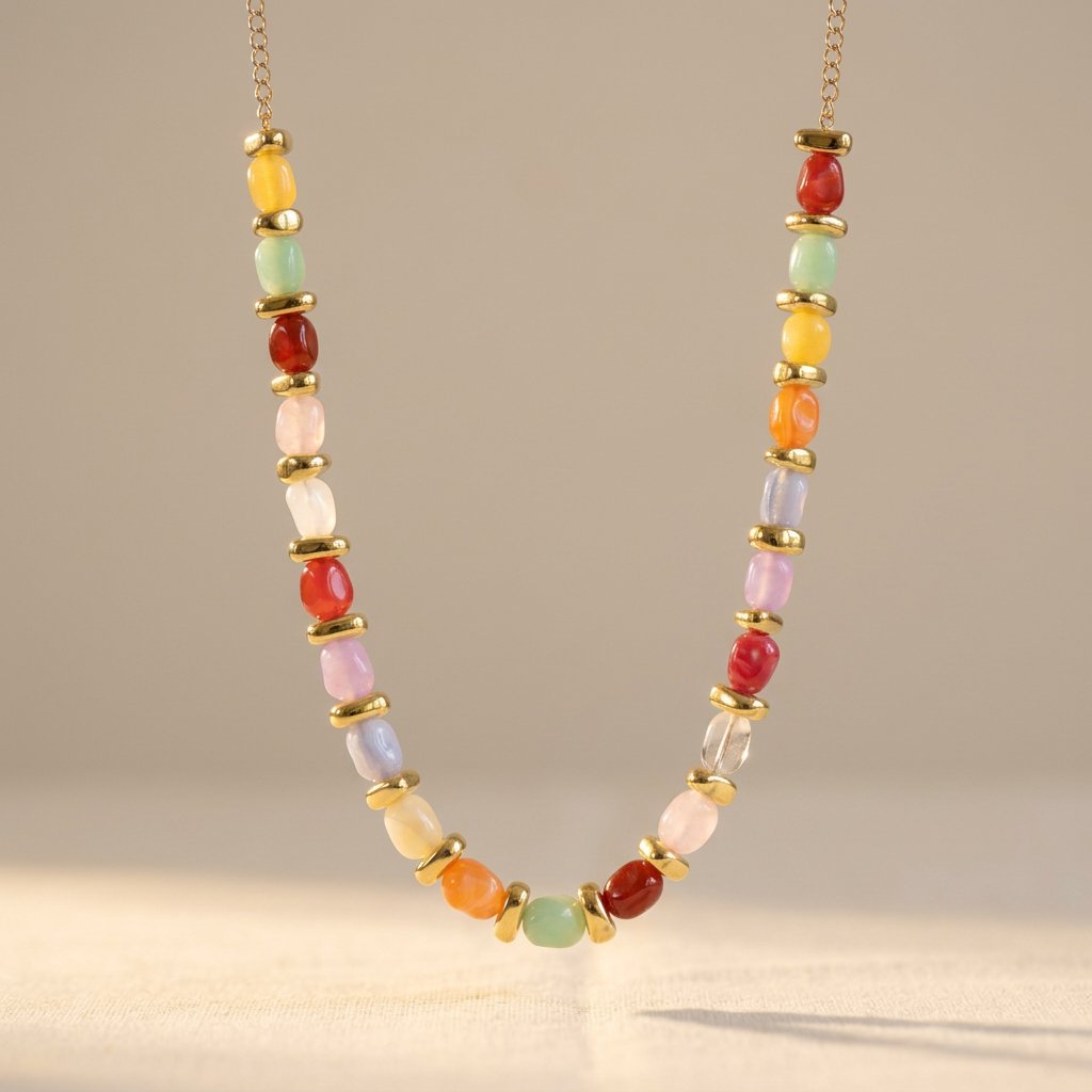 Gold-Tone Pebble Bead Necklace with Mixed Colour Stones