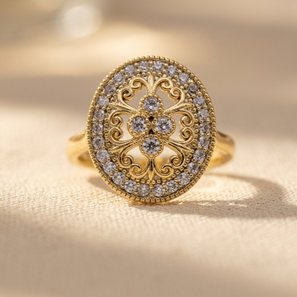Gold-Tone Oval Filigree Halo Cocktail Ring