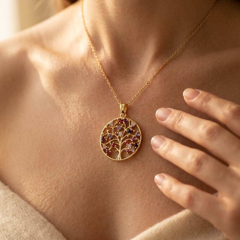Gold-Tone Tree of Life Pendant with Rainbow Stones