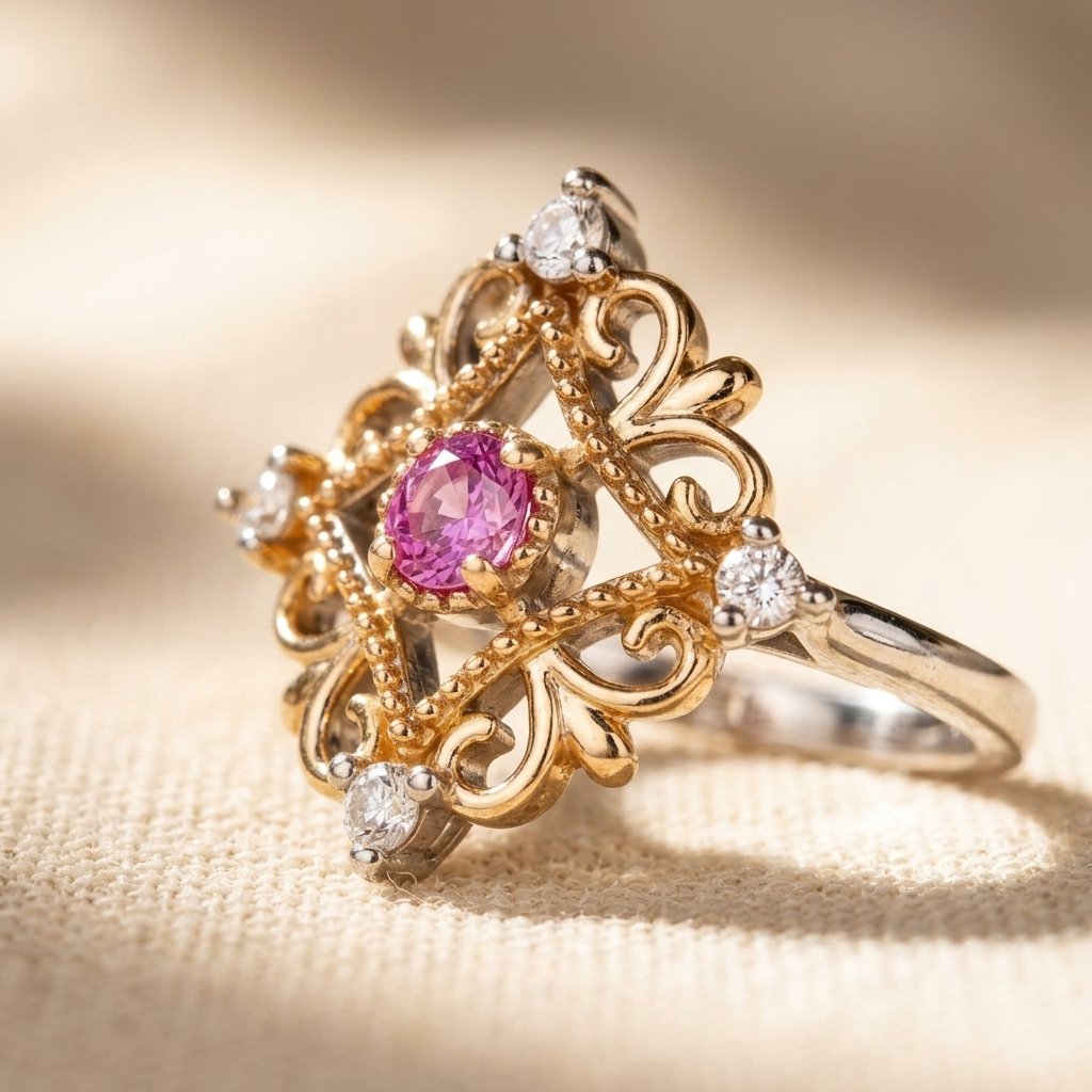 Two-Tone Filigree Ring with Pink Centre Stone