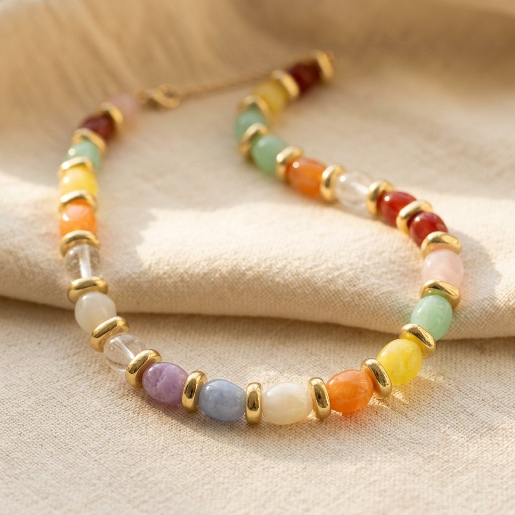 Gold-Tone Pebble Bead Necklace with Mixed Colour Stones