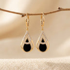 Gold-Tone Black Teardrop Earrings with Clear Stone Halo