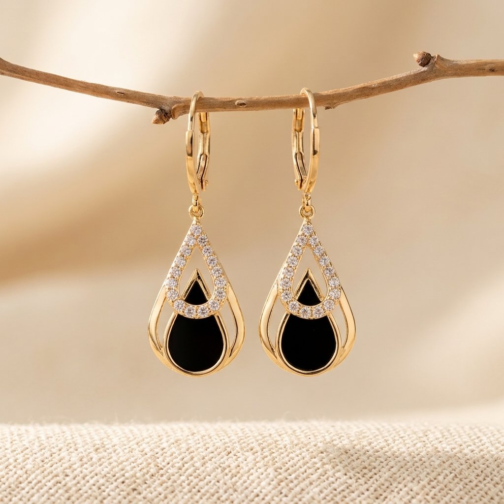 Gold-Tone Black Teardrop Earrings with Clear Stone Halo